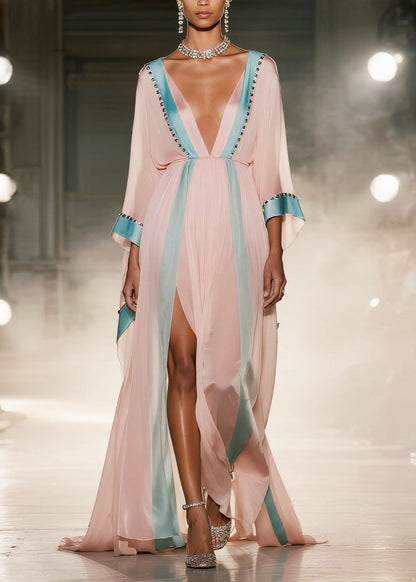 Vintage Pink Patchwork Side Open Chiffon Maxi Dress Summer