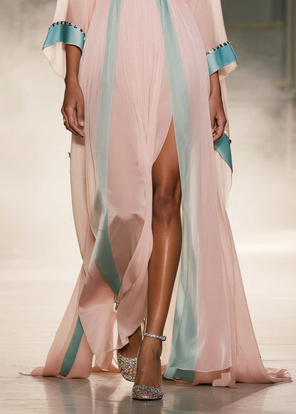 Vintage Pink Patchwork Side Open Chiffon Maxi Dress Summer