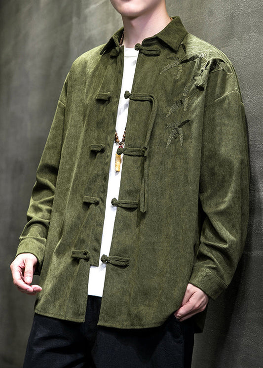 Vintage Pink Peter Pan Collar Embroideried Corduroy Men Coats Long Sleeve