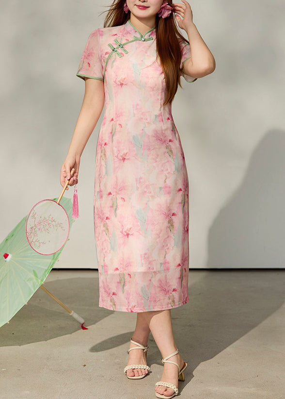 Vintage Pink Print Side Open Cotton Oriental Dress Summer