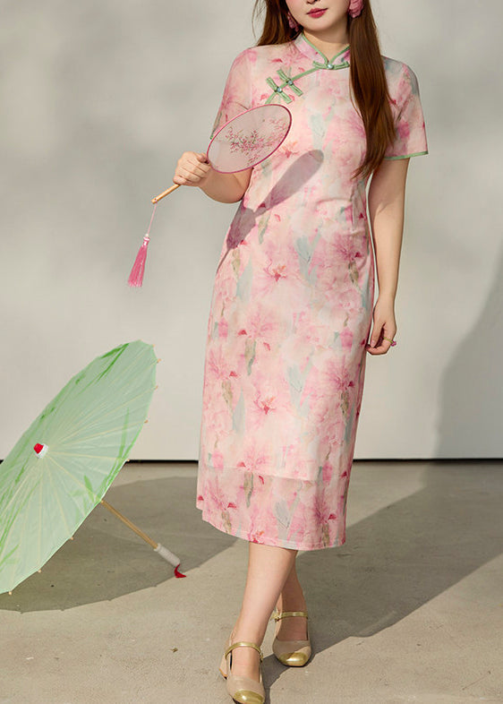 Vintage Pink Print Side Open Cotton Oriental Dress Summer