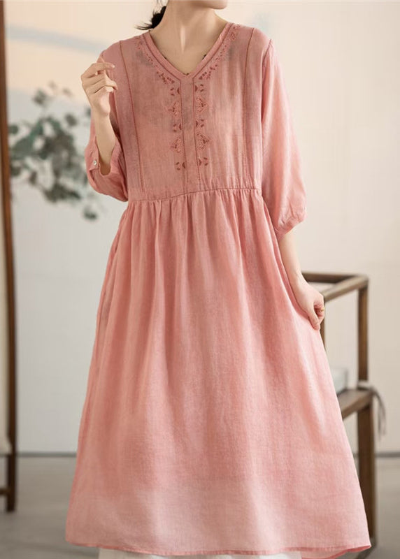Vintage Pink V Neck Patchwork Linen Dresses Summer