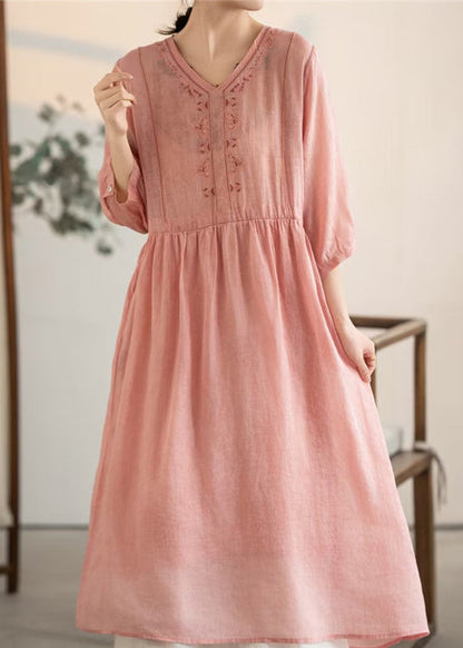 Vintage Pink V Neck Patchwork Linen Dresses Summer