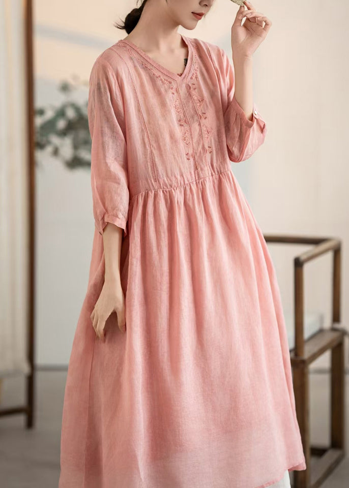Vintage Pink V Neck Patchwork Linen Dresses Summer