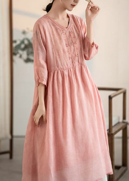 Vintage Pink V Neck Patchwork Linen Dresses Summer