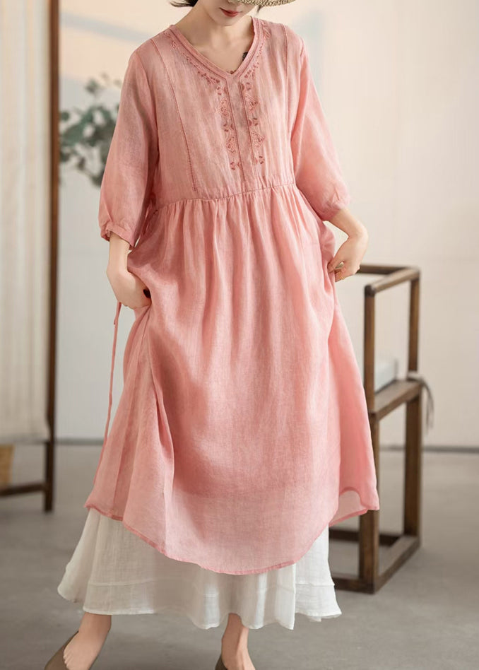 Vintage Pink V Neck Patchwork Linen Dresses Summer