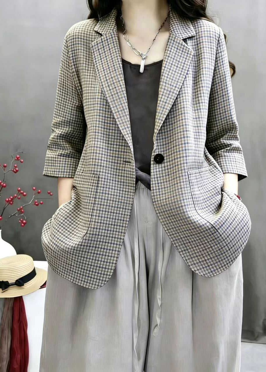 Vintage Plaid Notched Pockets Jacket Bracelet Sleeve