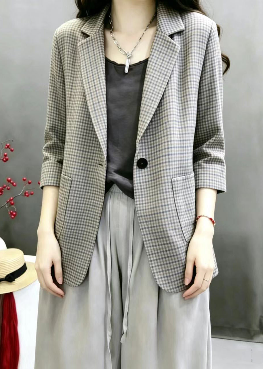 Vintage Plaid Notched Pockets Jacket Bracelet Sleeve