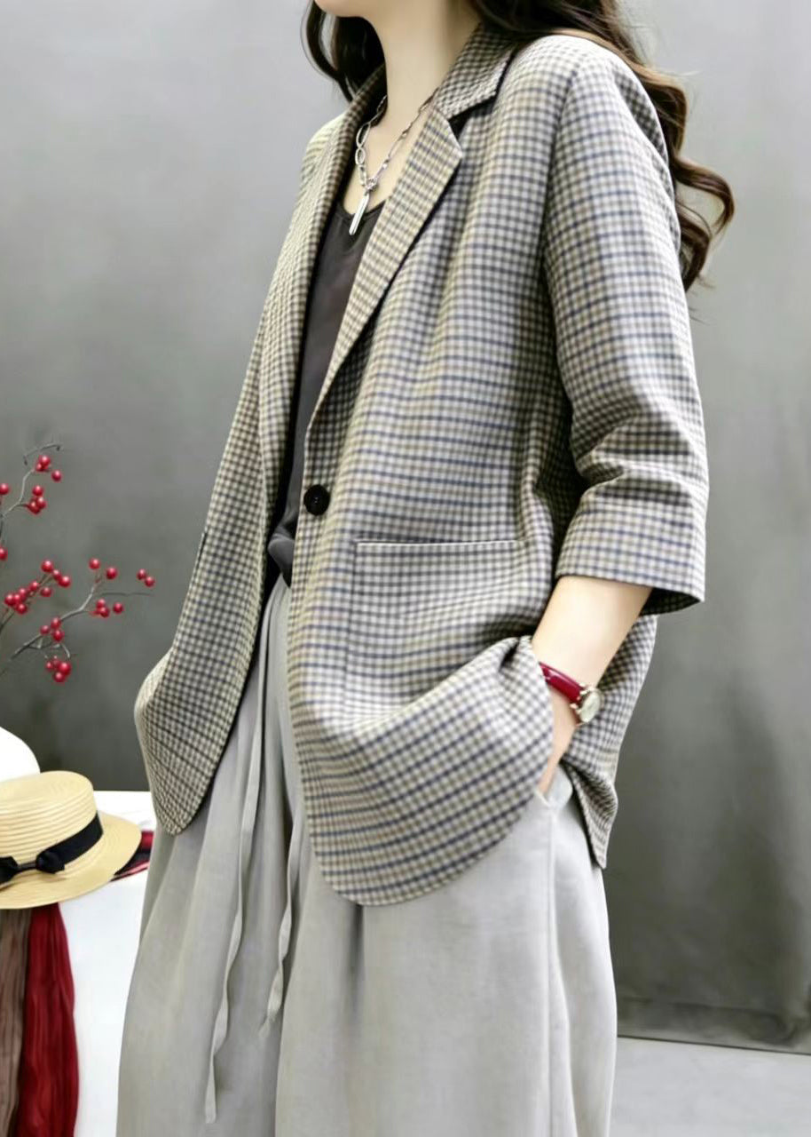 Vintage Plaid Notched Pockets Jacket Bracelet Sleeve