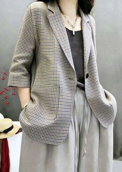 Vintage Plaid Notched Pockets Jacket Bracelet Sleeve