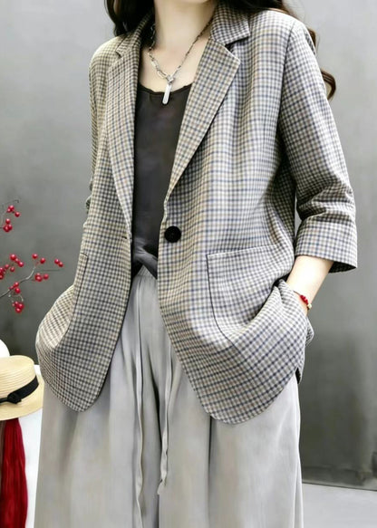 Vintage Plaid Notched Pockets Jacket Bracelet Sleeve