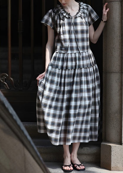 Vintage Plaid Ruffled Lace Up Maxi Dress Summer