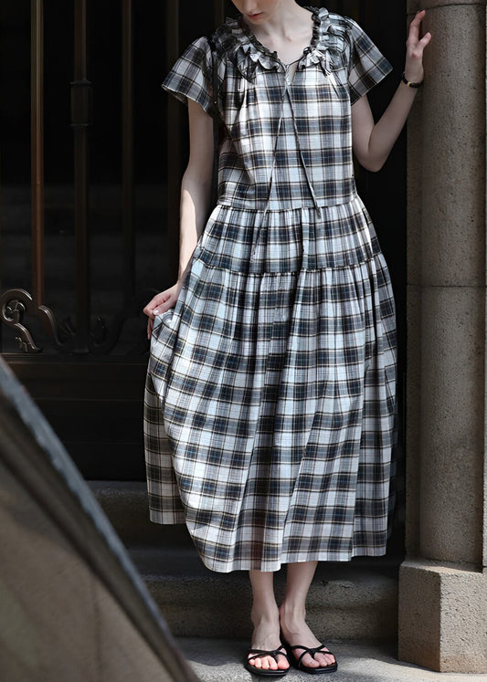 Vintage Plaid Ruffled Lace Up Maxi Dress Summer