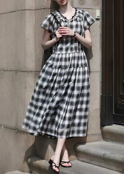Vintage Plaid Ruffled Lace Up Maxi Dress Summer