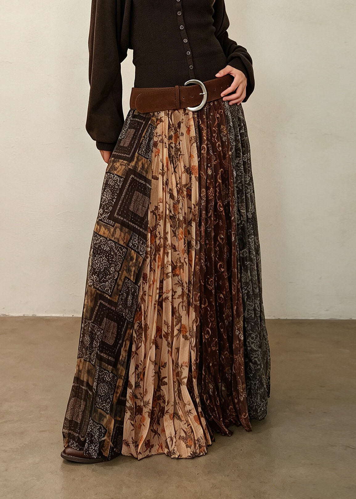 Vintage Print Elastic Waist Pleated Skirt Fall