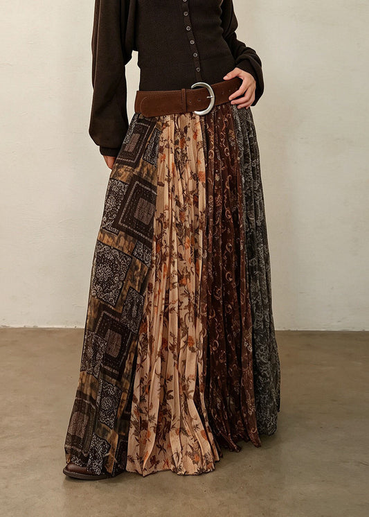 Vintage Print Elastic Waist Pleated Skirt Fall