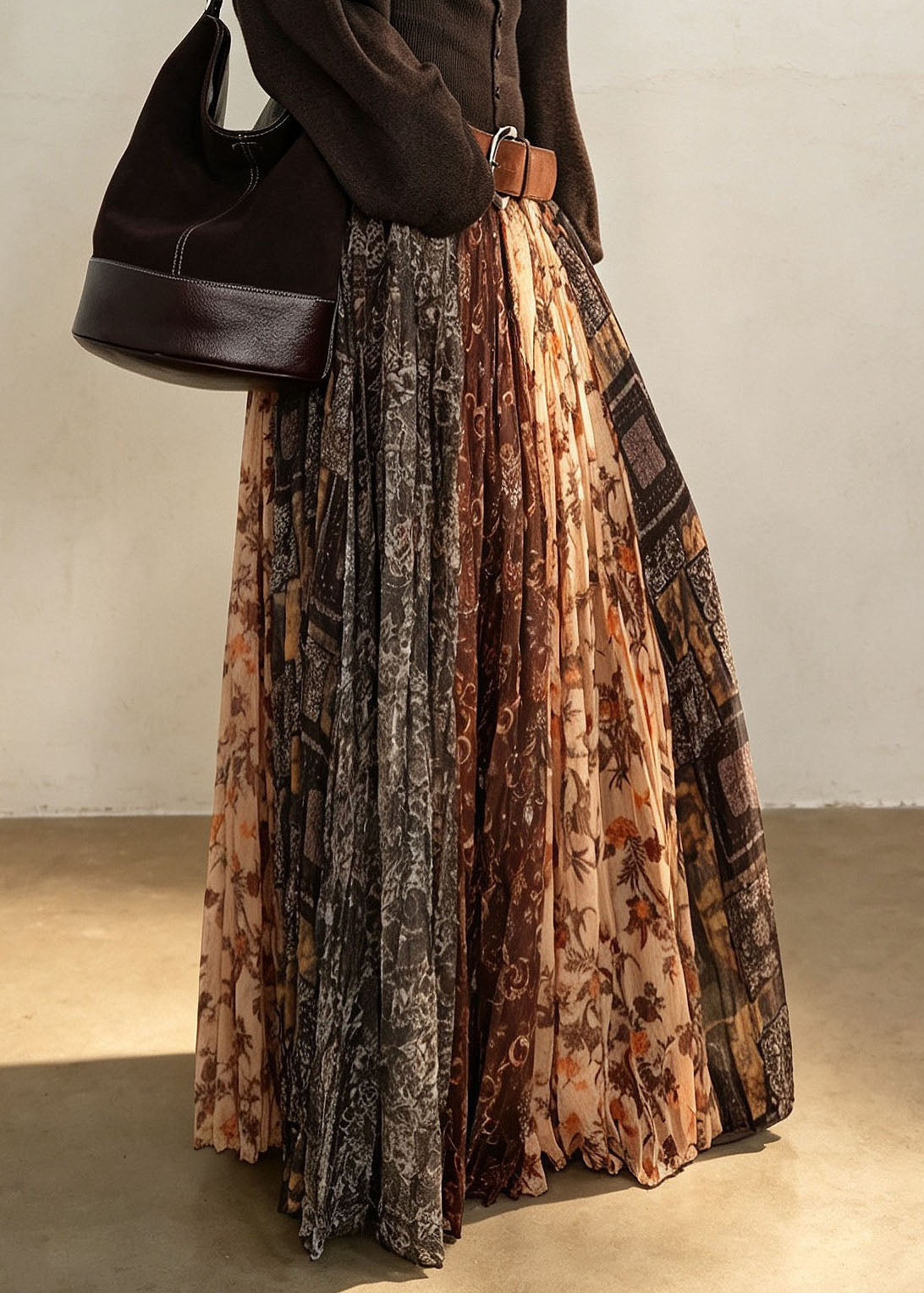 Vintage Print Elastic Waist Pleated Skirt Fall