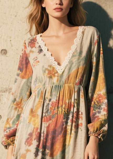 Vintage Print Patchwork Lace Cotton Long Dress Fall