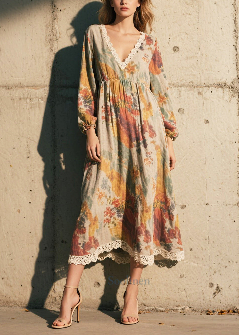 Vintage Print Patchwork Lace Cotton Long Dress Fall