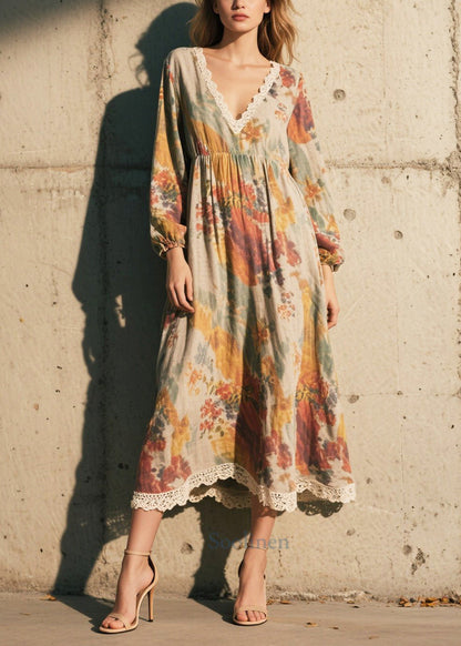 Vintage Print Patchwork Lace Cotton Long Dress Fall