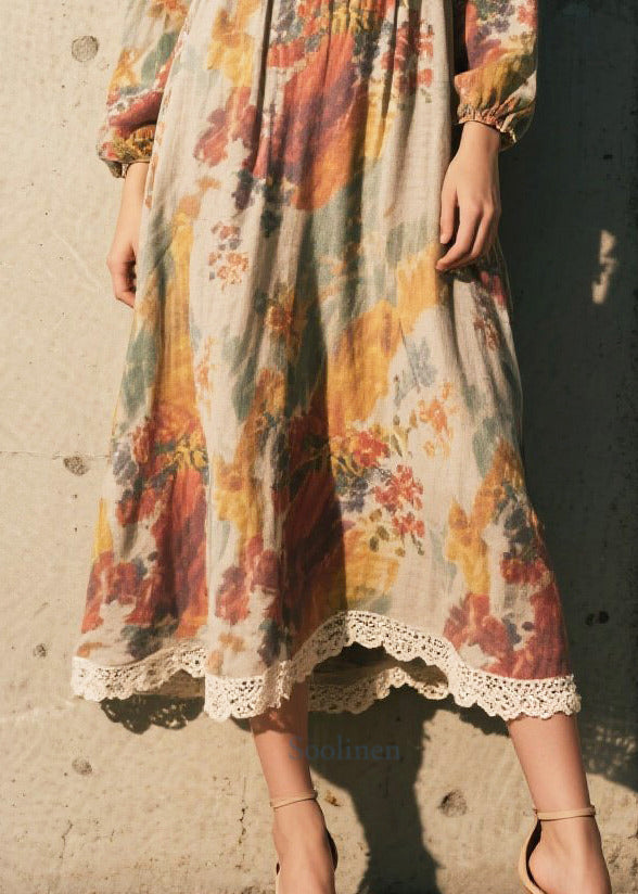 Vintage Print Patchwork Lace Cotton Long Dress Fall