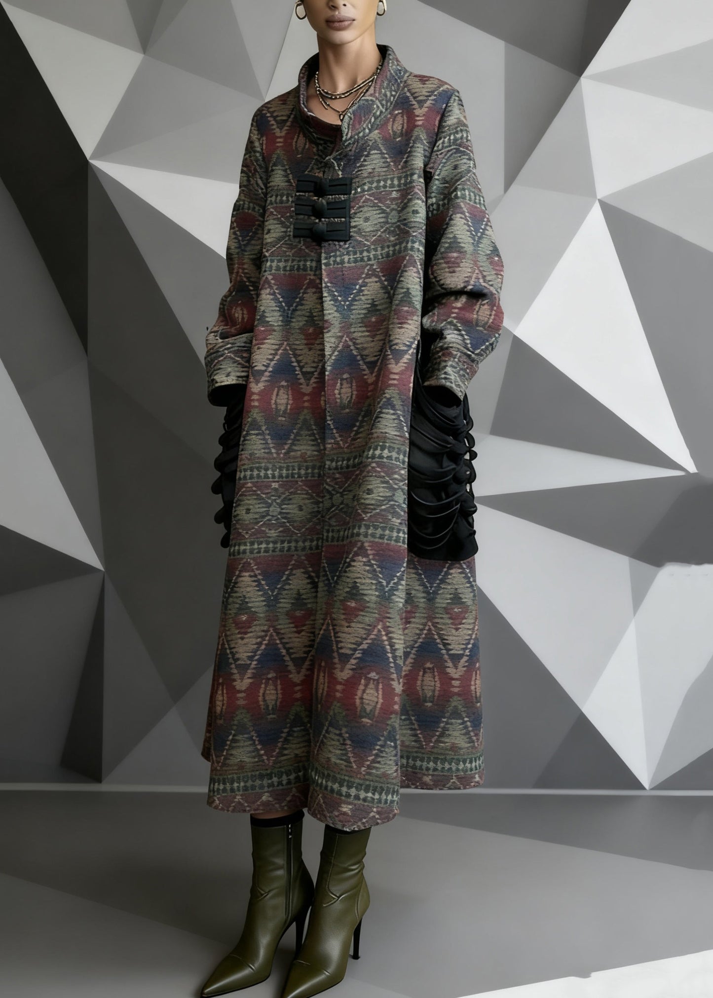 Vintage Print Pockets Patchwork Woolen Long Coat Spring