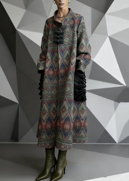 Vintage Print Pockets Patchwork Woolen Long Coat Spring