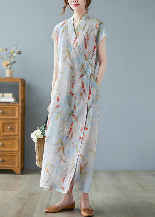 Vintage Print Tie Waist Linen Long Dress Summer