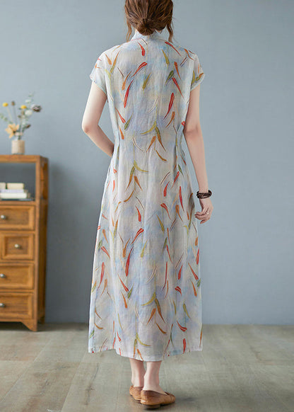 Vintage Print Tie Waist Linen Long Dress Summer
