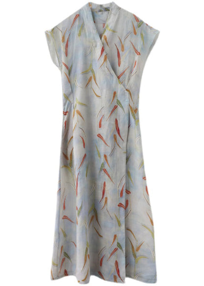 Vintage Print Tie Waist Linen Long Dress Summer