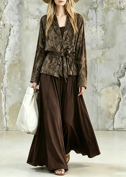 Vintage Print Tie Waist Shirt And Maxi Skirts Two Pieces Set Fall