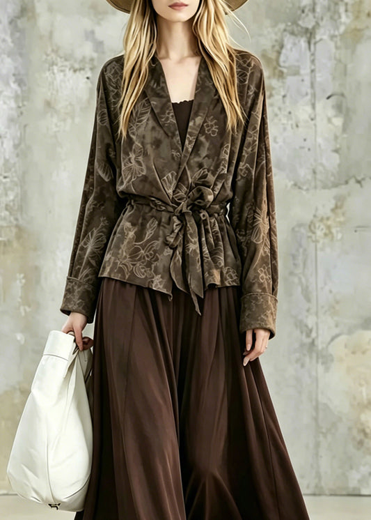 Vintage Print Tie Waist Shirt And Maxi Skirts Two Pieces Set Fall
