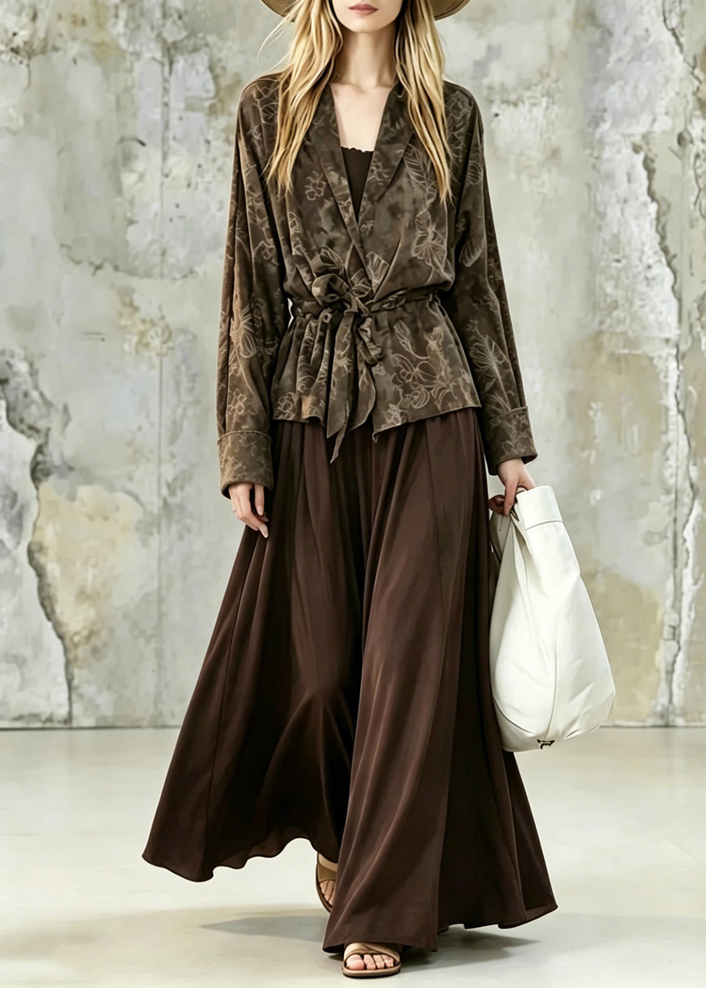 Vintage Print Tie Waist Shirt And Maxi Skirts Two Pieces Set Fall