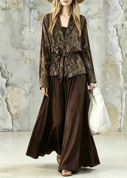Vintage Print Tie Waist Shirt And Maxi Skirts Two Pieces Set Fall