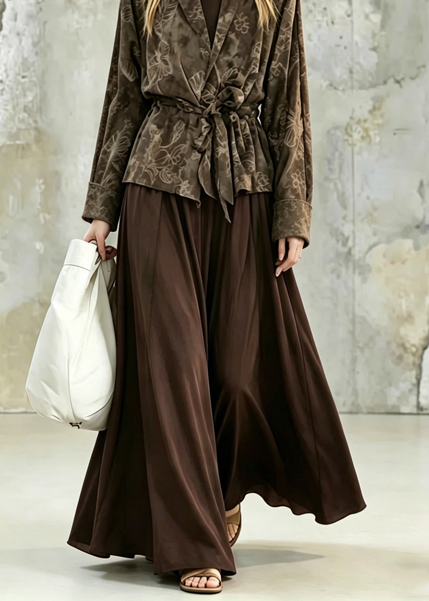 Vintage Print Tie Waist Shirt And Maxi Skirts Two Pieces Set Fall