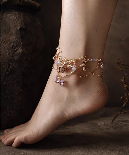 Vintage Purple Butterfly Alloy Bell Tassel Anklets
