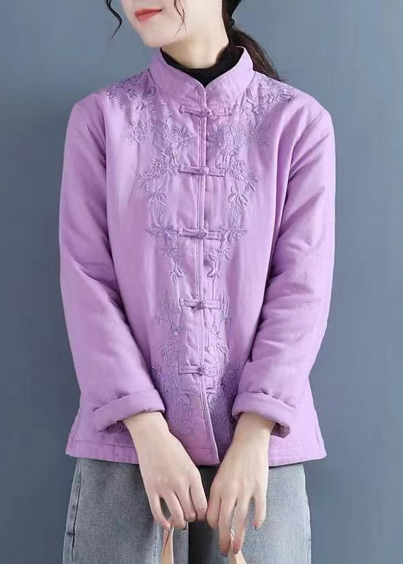 Vintage Purple Embroidered Oriental Button Fine Cotton Filled Coats Spring