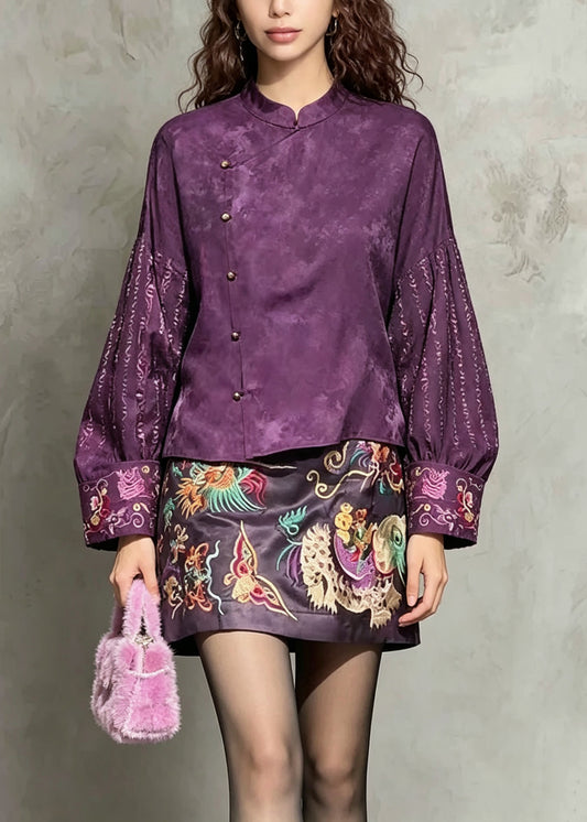 Vintage Purple Embroidered Silk Two Piece Set Women Clothing Fall