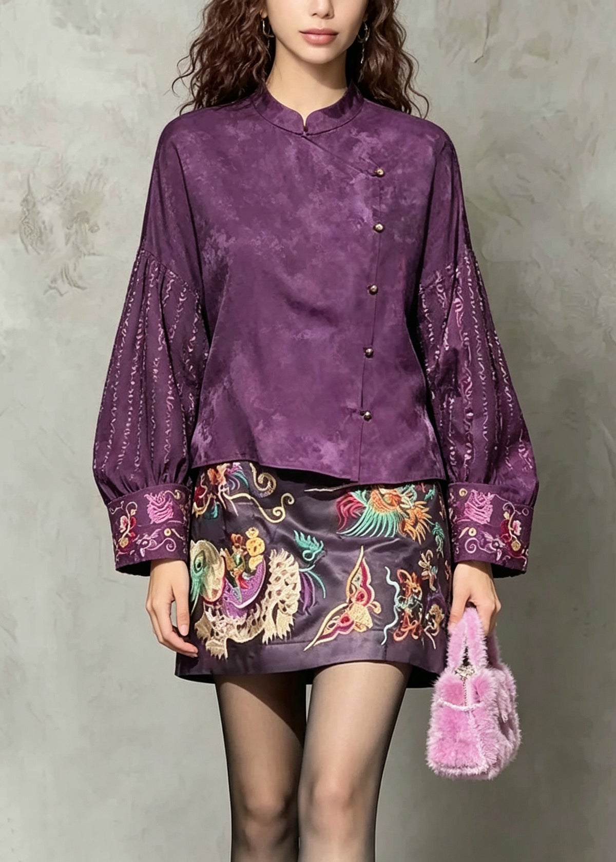 Vintage Purple Embroidered Silk Two Piece Set Women Clothing Fall