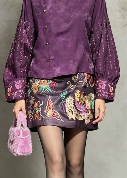Vintage Purple Embroidered Silk Two Piece Set Women Clothing Fall