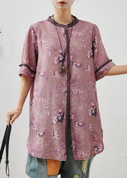 Vintage Purple Floral Linen Long Shirt Summer