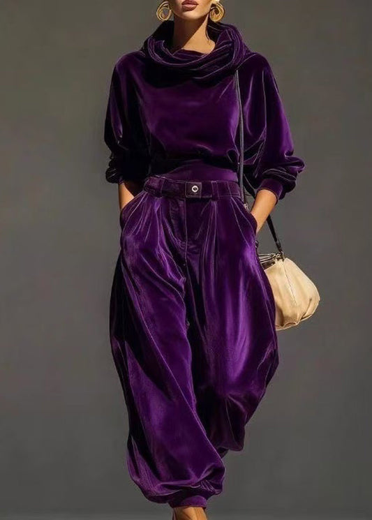 Vintage Purple Hooded Top And Harem Pants Two Pieces Set Fall