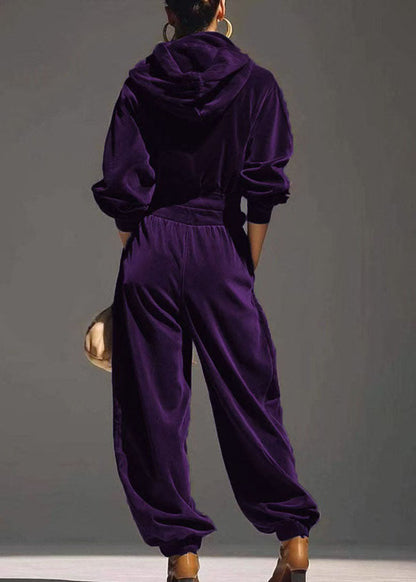 Vintage Purple Hooded Top And Harem Pants Two Pieces Set Fall