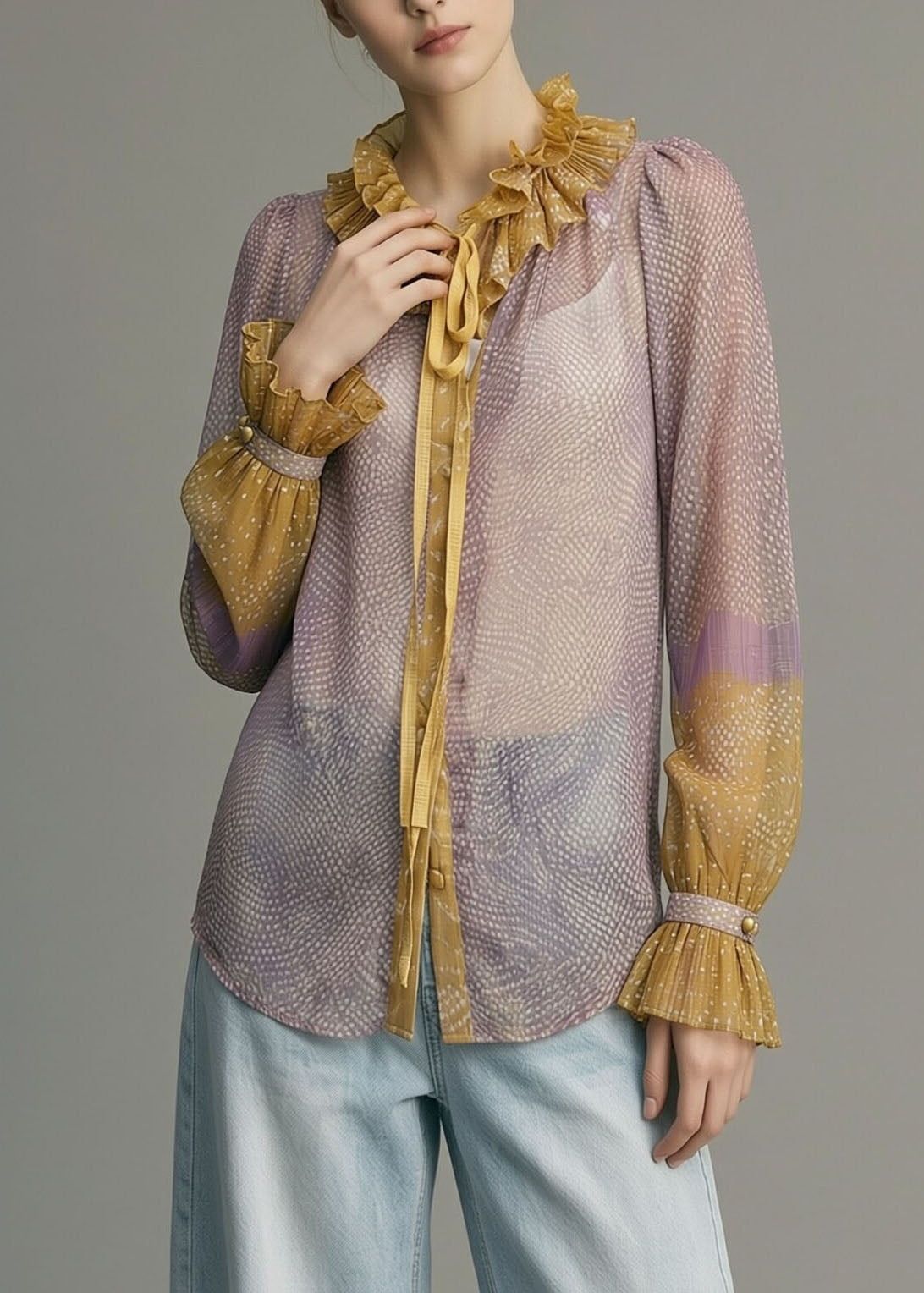 Vintage Purple O-Neck Lace Up Ruffled Chiffon Shirts Long Sleeve