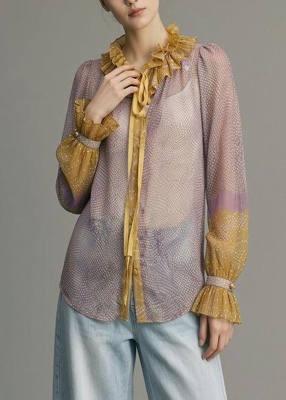 Vintage Purple O-Neck Lace Up Ruffled Chiffon Shirts Long Sleeve