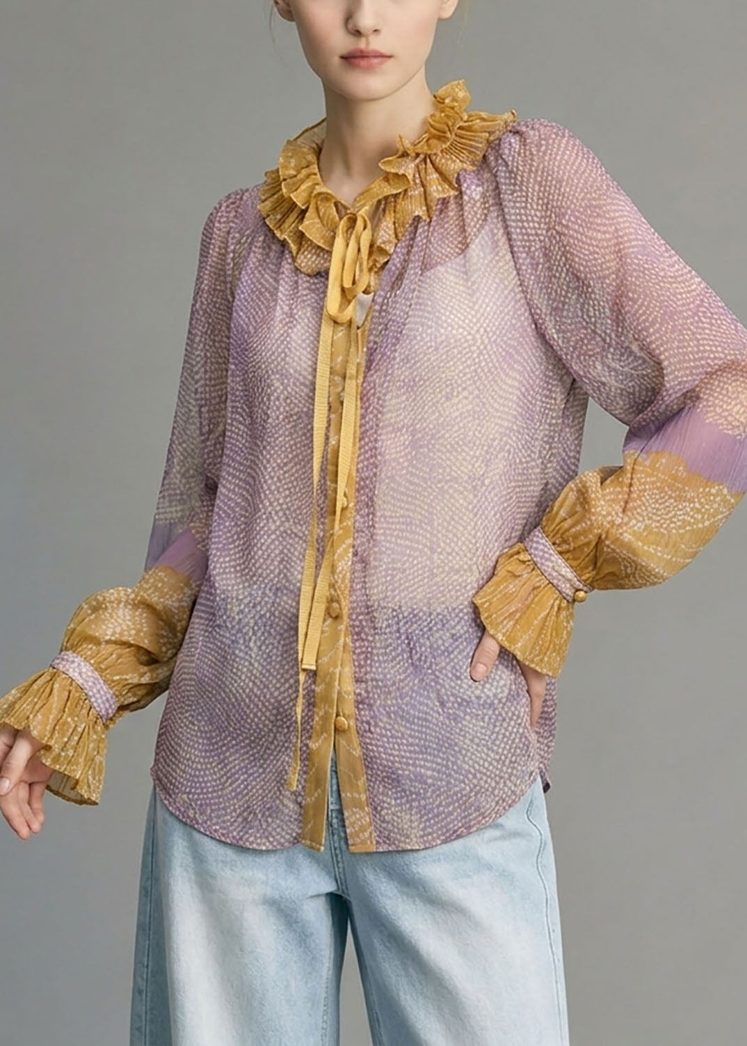 Vintage Purple O-Neck Lace Up Ruffled Chiffon Shirts Long Sleeve