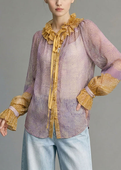 Vintage Purple O-Neck Lace Up Ruffled Chiffon Shirts Long Sleeve