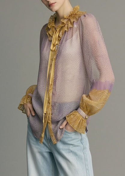 Vintage Purple O-Neck Lace Up Ruffled Chiffon Shirts Long Sleeve