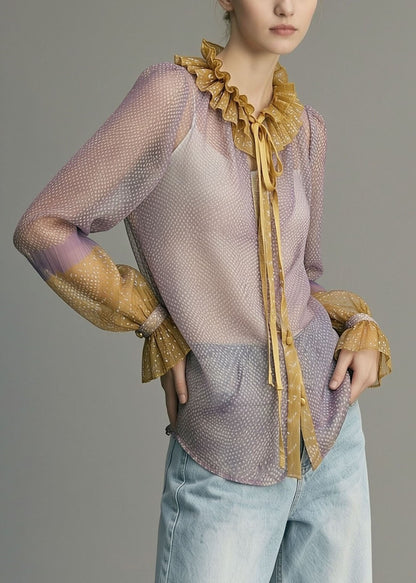 Vintage Purple O-Neck Lace Up Ruffled Chiffon Shirts Long Sleeve