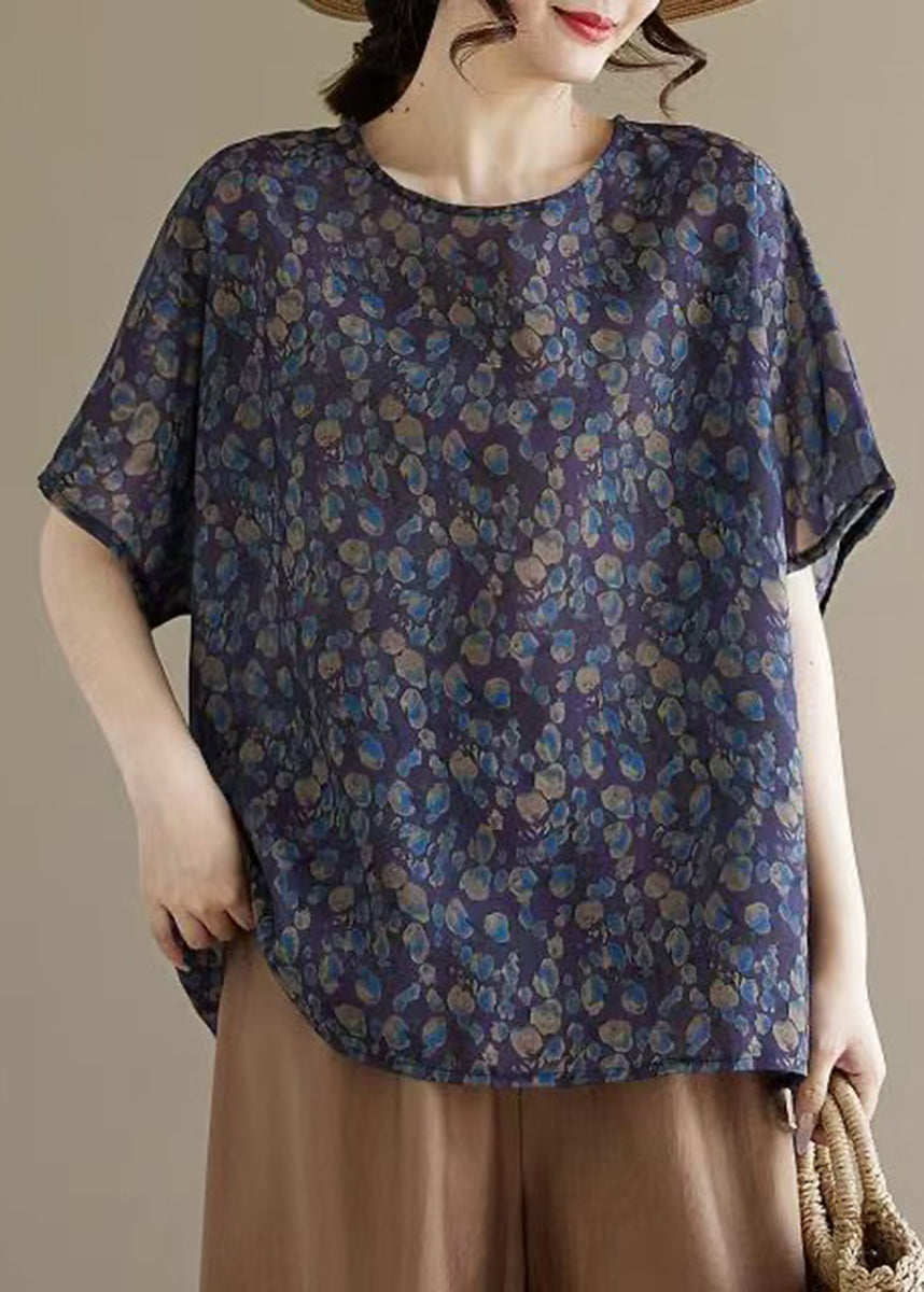 Vintage Purple O-Neck Print Shirt Top Summer